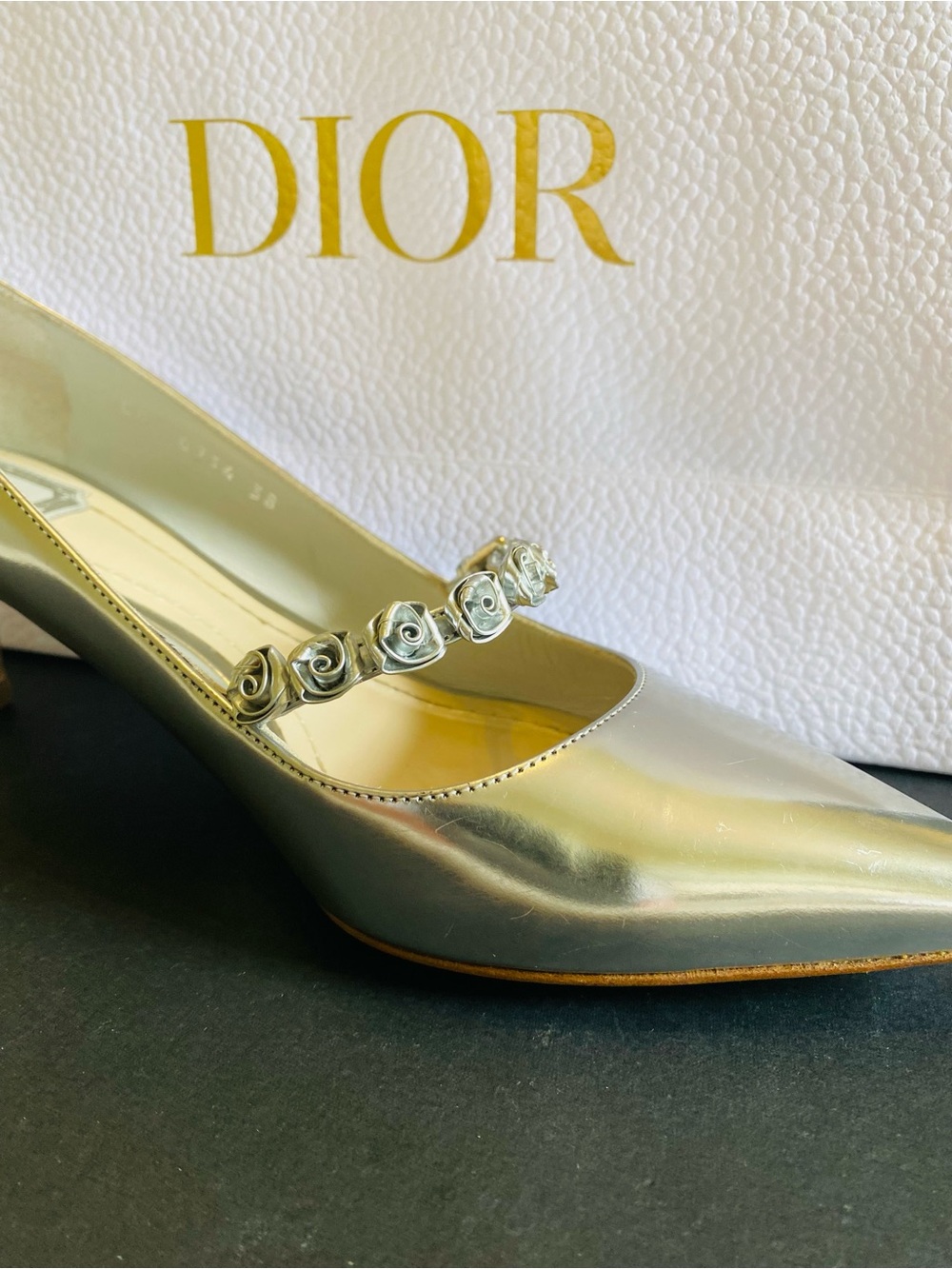 🛍️Dior Authentic Silver Metallic Rose Embellished Heels